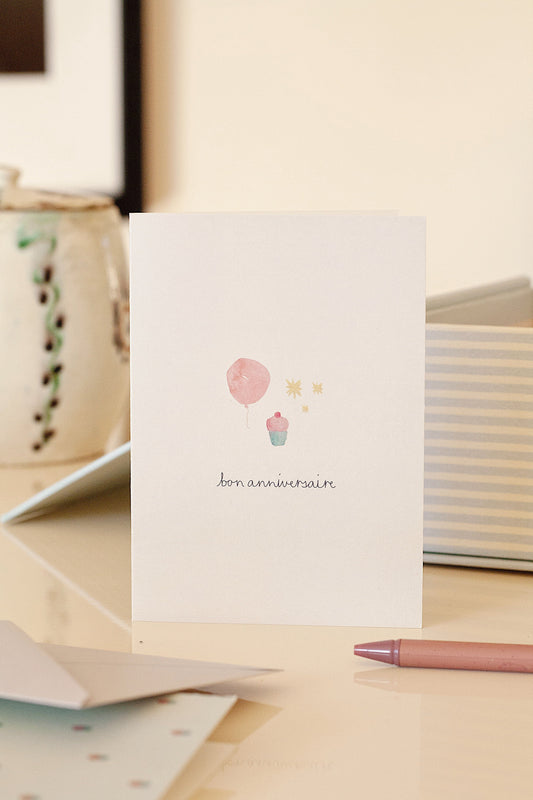 greeting card – bon anniversaire – rose balloon